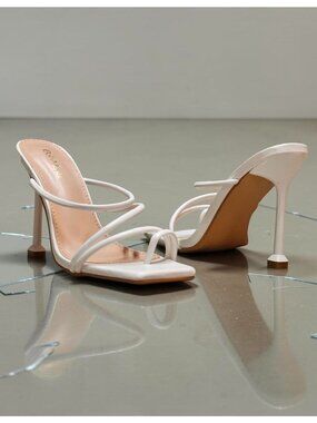 Strappy White High Heel Mules With Square Toe & Slim Stiletto Heels For Women